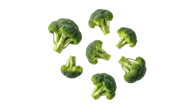 Fresh vibrant green broccoli florets artistically arranged and isolated, perfect for healthy eating, organic food, and nutritious lifestyle concepts on a transparent background promoting wellness