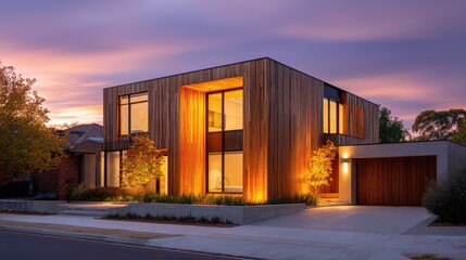 Fototapeta premium Contemporary cube house featuring timber facade and warm evening illumination