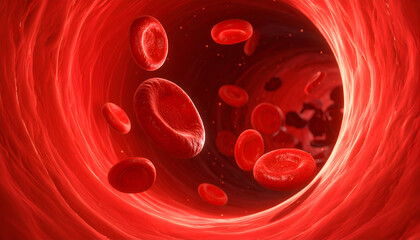 Microscopic rendering of red blood cells traveling through a blood vessel, representing human physiology and medical science.