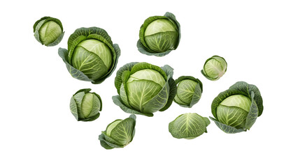 Fresh organic green cabbages floating on a transparent background showcasing healthy raw vegetables perfect for cooking and diet nutrition