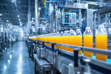 Fototapeta premium Conveyor belt system in a beverage plant showcasing automated filling machines and juice bottles