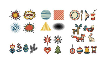 Colorful retro pop art set: animals, shapes, and seasonal icons