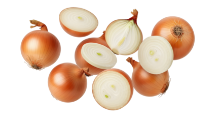 Fresh brown onions whole and sliced showcasing their vibrant layers on a transparent background essential for culinary uses and healthy cooking ingredients