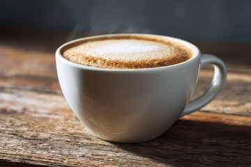 Fototapeta premium Cozy breakfast beverage on wooden tabletop with soft light and empty top area