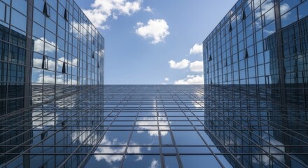 Modern corporate architecture reflects bright blue sky and white clouds on glass facades