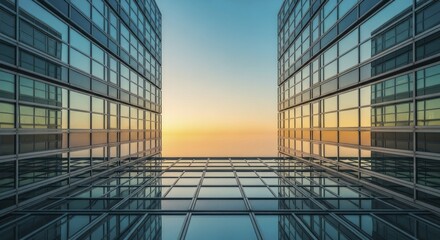Modern glass facades of corporate structures reflect the pastel hues of the rising or setting sun.