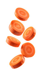 Slices of fresh carrot falling isolated on transparent background