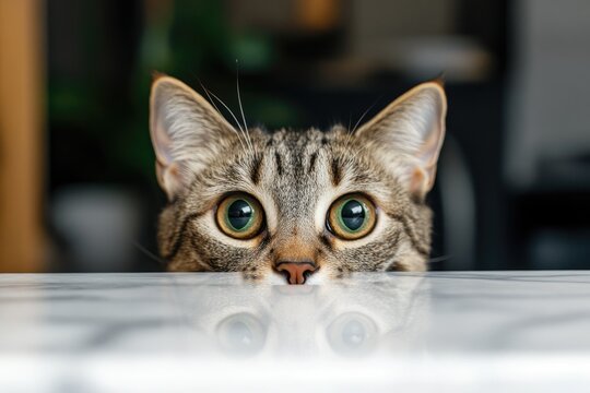 A curious tabby cat with wide green eyes and a playful demeanor, peeking over the edge of a white marble table in a cozy indoor setting with a warm, inviting atmosphere.