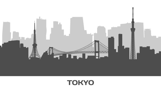 Japan. Tokyo skyline, cityscape. Silhouettes of skyscrapers. Tokyo Tower, Rainbow Bridge, modern architecture. Panoramic city view. Travel vector illustration in grayscale on transparent background
