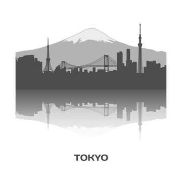 Tokyo skyline with Mount Fuji and reflection in water. Japan. Travel vector illustration in shades of gray on transparent background. Silhouettes of  skyscrapers, Tokyo Tower, Rainbow Bridge