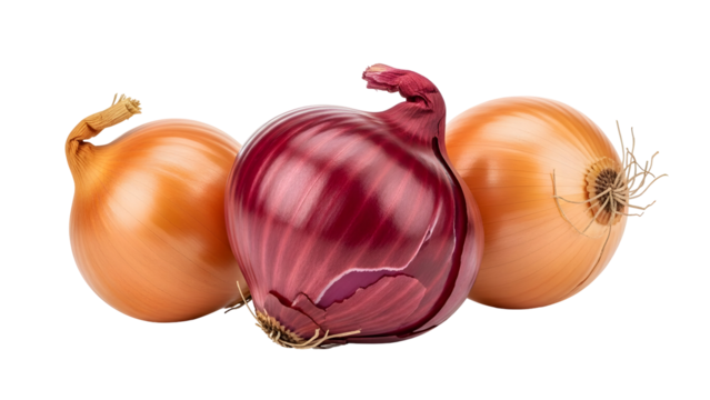 Display of fresh natural whole red and yellow onions highlighting vibrant colors and healthy culinary ingredients isolated on a transparent background for cooking and kitchen themes