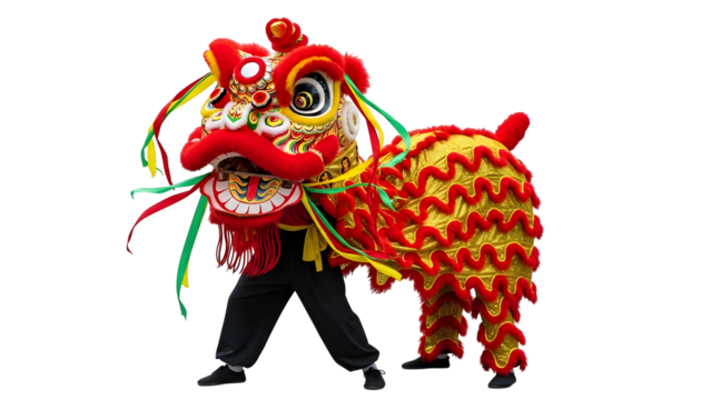 Vibrant traditional Chinese lion dance performance featuring an elaborate red and gold costume symbolizing prosperity and good fortune for cultural celebrations and festive events
