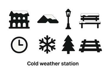 Fototapeta premium Cold Weather Icons. Cold weather station. Filled icon set of Cold weather station: station building, roof snow