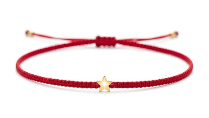 Red string knot bracelet with a delicate gold star charm, symbolizing good luck and prosperity, beautifully photographed isolated on a clean white background
