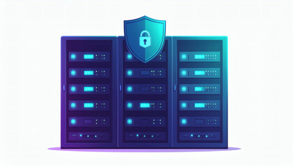 A flat 2D server rack with padlocks on each unit and a floating digital shield symbolizing strong security