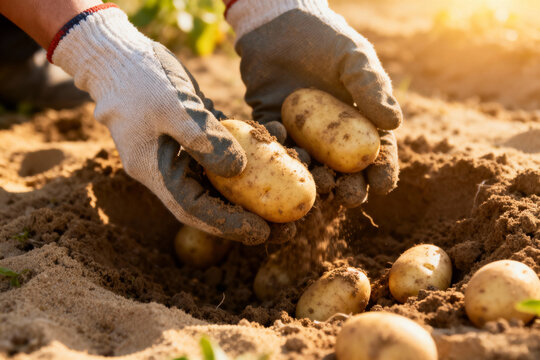 Harvesting fresh potatoes in warm sunlight with gloved hands from fertile soil for healthy eating