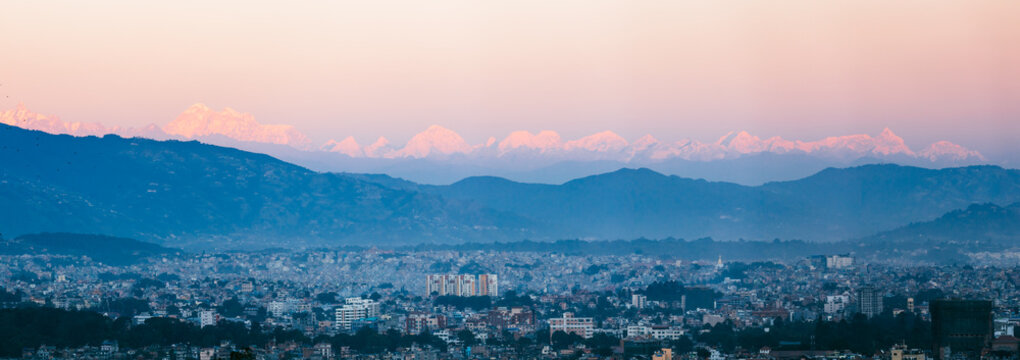 Panoramic of Kathmandu and himalaya range at sunset, Nepal