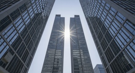 Modern glass skyscrapers create dramatic perspective against a bright sky with sunburst