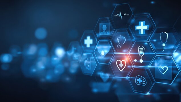A blue background with a bunch of medical icons on it