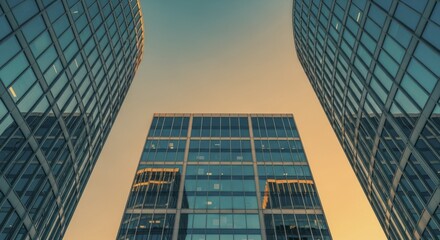 Modern glass office towers converge towards an open sky at sunset