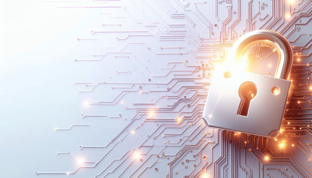 A flat 2D motherboard close-up showing a glowing padlock symbol at the CPU socket area