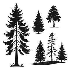 Obraz premium Christmas tree silhouette clipart set. Black Christmas tree drawing clip art collection in white background for xmas season pine tree flat icon decoration vector illustration.