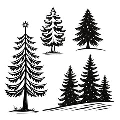 Christmas tree silhouette clipart set. Black Christmas tree drawing clip art collection in white background for xmas season pine tree flat icon decoration vector illustration.