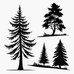 Christmas tree silhouette clipart set. Black Christmas tree drawing clip art collection in white background for xmas season pine tree flat icon decoration vector illustration.