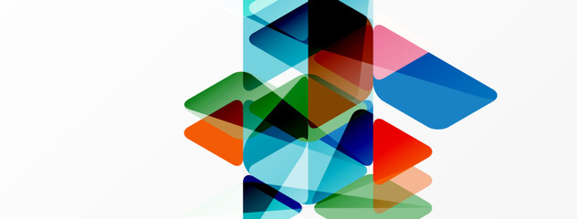 Abstract geometric shapes overlap, creating vibrant color blends. Composition features transparency, depth, modern design elements.