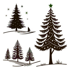 Obraz premium Christmas tree silhouette clipart set. Black Christmas tree drawing clip art collection in white background for xmas season pine tree flat icon decoration vector illustration.