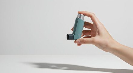 Close-Up Of A Hand Holding A Modern Asthma Inhaler With A Minimalist Background, Emphasizing Health And Wellness Management Solutions