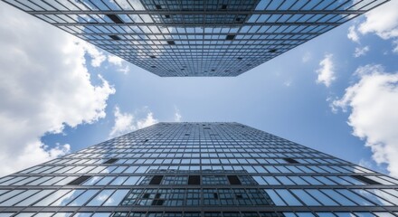 Two towering glass structures converge toward the bright blue sky above.