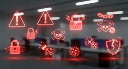 Cyber alert visualization with red flashing icons and blurred office background