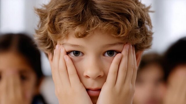 This video captures a young boy in a poignant moment of reflection in a classroom. It highlights the emotional experiences of children. Showcase relatable feelings. AI