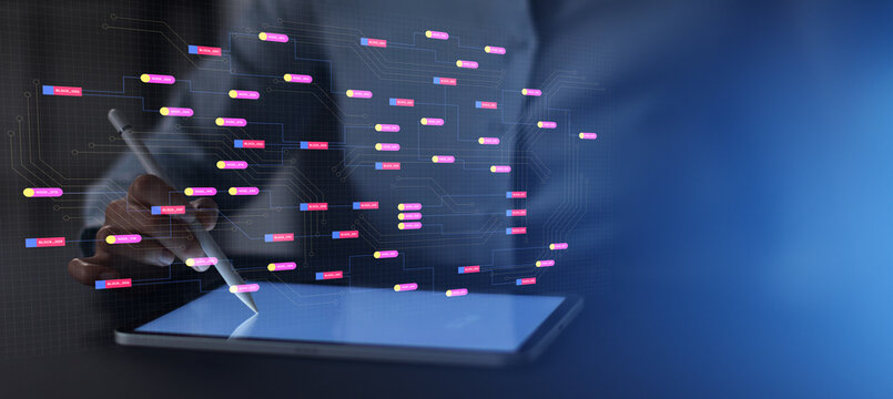 Blockchain Flow Visualization with Distributed Node Network. - Powered by Adobe