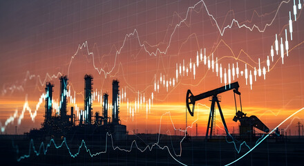 Investment Insights On The Growing Oil Industry: Sunset Silhouette Of Pumpjacks Against Market Trends And Economic Graphs Reflecting Future Growth