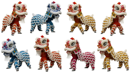 Diverse set of cheerful traditional Chinese lion dance figures isolated on transparent background symbolizing festive Asian cultural heritage and good fortune perfect for new year celebrations and