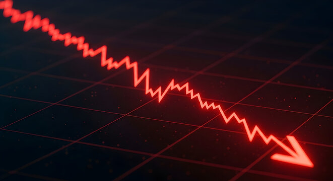 Dramatic Financial Decline Shown By A Falling Red Arrow On A Digital Graph Representing Market Trends And Economic Analytics