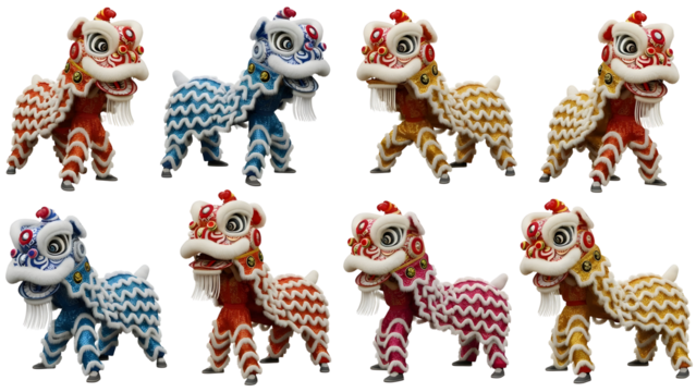 Diverse set of cheerful traditional Chinese lion dance figures isolated on transparent background symbolizing festive Asian cultural heritage and good fortune perfect for new year celebrations and - Powered by Adobe