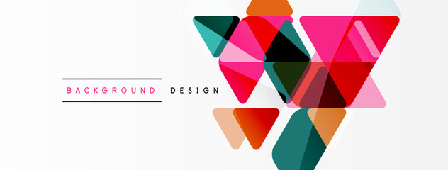Colorful triangles overlap white space. Modern geometric pattern creates vibrant visual effect. Simple design elements present.