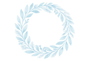 Blue watercolor winter leaves wreath on transparent background
