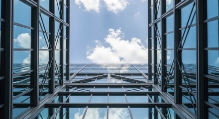 Modern architectural structure showcases glass facade reflecting a bright, cloudy sky