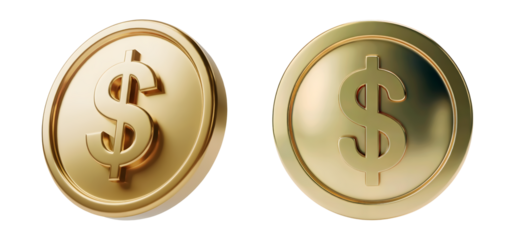 Two golden dollar coins represent wealth finance and investment opportunities for your business isolated on png transparent background