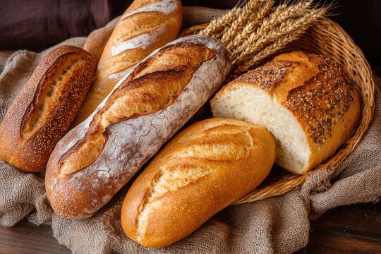 A warm and inviting bakery scene, with freshly baked bread and pastries displayed in a rustic wooden basket, surrounded by wheat stalks and a cozy wooden table. - Powered by Adobe