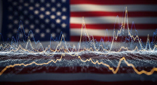 Abstract Data Visualization With Waveform Graphs Against A Background Of The American Flag In A High-Tech Digital Environment
