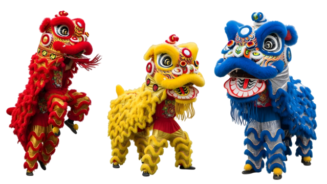 Vibrant Chinese lion dance costumes in red yellow and blue symbolizing cultural celebration and festive traditions for Lunar New Year events transparent background