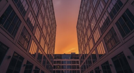 Modern commercial structures frame a vibrant twilight sky above an open courtyard area