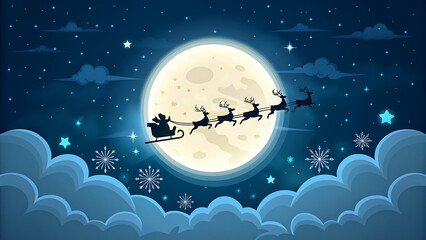 Santa claus on his sleigh in the night sky with reindeer flying over moon on winter season night time