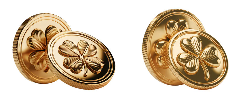 Stunning gold coins featuring lucky shamrock and four leaf clover for St Patrick's Day isolated on png transparent background