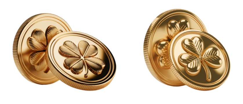 Stunning gold coins featuring lucky shamrock and four leaf clover for St Patrick's Day isolated on png transparent background